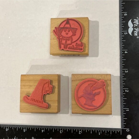 Halloween Rubber Stamp Set Witch Theme HAt Broom Spider Doodle Me Pink - Picture 2 of 4